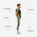 Size and spec sheet for custom grey youth football uniforms in charcoal and lime green