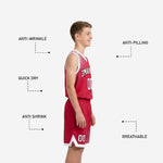 Back view of red youth basketball uniforms showing back number placement on fully sublimated red and white jersey
