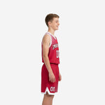 Front view of red youth basketball uniforms featuring arched team name, front number 00, and white V-neck binding on sleeveless jersey