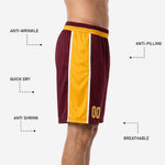 Back view of custom maroon and gold basketball shorts showing sublimated design and hem finish