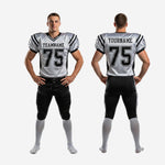 Size and spec sheet for white and black American football team uniform packages showing youth and adult size run
