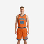 Custom home and away reversible basketball uniforms showing orange side with blue topographic pattern, team name and number 00, full set front view