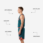 Full set view of home and away reversible basketball uniforms in teal and coral orange showing both jersey sides and matching shorts