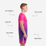 Royal purple gradient custom soccer shorts with white woven side stripe and sublimated player number on left leg
