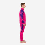 Side view of hot pink and Royal Purple custom pink soccer tracksuit showing splash pattern on full sleeve and outer pant panel