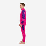Second side angle of hot pink and Royal Purple custom pink soccer tracksuit showing tapered pant cut and stand collar zip jacket