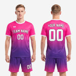 Full back view of hot pink to royal purple gradient custom pink soccer uniform set showing player surname and back number placement