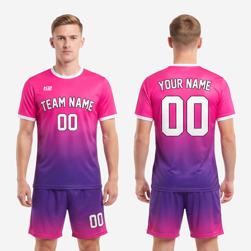 Full back view of hot pink to royal purple gradient custom pink soccer uniform set showing player surname and back number placement
