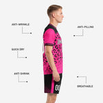 Detail view of hot pink and black leopard pattern sublimated soccer team kit showing full print coverage