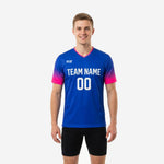 Front view of custom blue soccer training jersey with hot pink gradient sleeves and white team name and number print on Royal Blue body