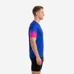Left side view of custom blue soccer training jersey showing hot pink to Royal Blue gradient ombre fade across short sleeve