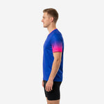 Right side view of custom blue soccer training jersey displaying full ombre gradient sleeve detail and athletic cut fit on adult male model