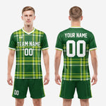 Custom plaid futbol uniform set for teams in forest green, lime, and white colorway