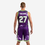 Detail view of K2 custom purple basketball uniform with neon green V-neckline trim and full-sublimation lightning print