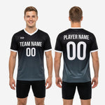 Full body view of K2 Sportswear black and charcoal gradient mens soccer training jersey worn by adult male model