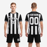 K2 Sportswear custom black pinstripe soccer kit jersey and shorts package