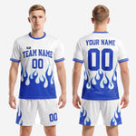 K2 Sportswear custom blue and white soccer uniform with full sublimation flame detail