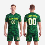 K2 Sportswear full custom green camo soccer uniform set with sublimated forest pattern jersey and matching shorts