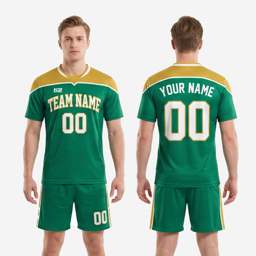 K2 Sportswear green and gold sublimated full soccer kit for teams and club programs
