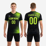 K2 Sportswear mens custom soccer training jersey in black and neon green hex print, athletic cut, sizes YS to 3XL