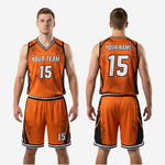 K2 Sportswear orange and black custom basketball uniform kit with personalized team name and numbers