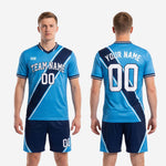 K2 Sportswear sky blue and navy full custom soccer uniform set, jersey and shorts package