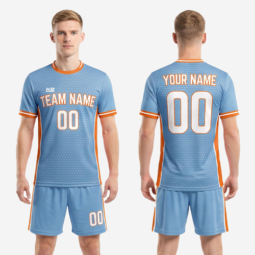 K2 Sportswear sky blue and orange full soccer uniform set with custom team name and player number