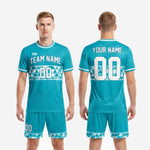 K2 Sportswear full custom teal and white soccer team uniform kit with sublimated geometric band design