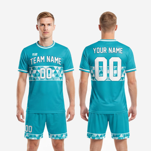 K2 Sportswear full custom teal and white soccer team uniform kit with sublimated geometric band design