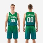 Back view of kelly green basketball uniforms showing player name placement, back number, and continuous green-to-teal gradient across jersey and shorts