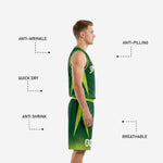 Back view of custom kelly green basketball uniform set showing back name and number print zones on matching green and lime jersey