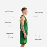 Back view of custom kelly green basketball uniform showing sublimated back number and pinstripe design across jersey and shorts