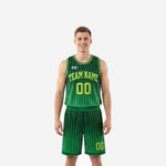 Custom kelly green basketball uniforms with neon yellow-green pinstripes, arched team name and number on jersey, matching shorts with leg number, front and back view