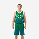 Custom kelly green basketball uniforms with green-to-teal gradient, white V-neck binding, arced team name and number 00 on front, full 2-piece set