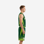 Adult male wearing custom kelly green basketball jersey and shorts with lime green geometric accents and white arced team name on chest