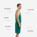 Second side view of green and teal sublimated basketball uniform showing gradient fade from shoulder to hem on jersey and shorts
