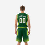 Opposite side view of green and lime custom basketball uniform set showing angular side panel design and honeycomb fade on shorts