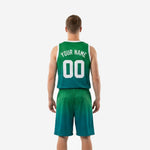Side view of kelly green and teal gradient basketball uniform set showing V-neck binding, armhole edge, and shorts waistband detail