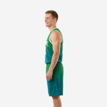 Size and specification sheet for custom kelly green and teal basketball uniform set, youth and adult sizing available