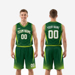 Size and spec sheet for kelly green custom basketball uniforms showing youth and adult sizing options for jersey and shorts set