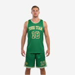 Custom Kelly Green and Gold bball uniform full set front view with shamrock team name and number