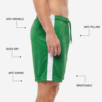 Kelly green mens soccer shorts with white side panel in athletic cut, full-length side view showing hem and panel construction