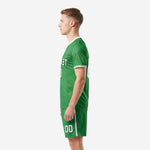 Rear side view of custom Kelly Green soccer kit with player number on shorts and back jersey