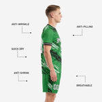 Green sublimated soccer shorts with matching scratch pattern and player number on leg