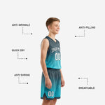 Right side view of sublimated junior basketball uniform in teal-to-charcoal gradient with hex texture print detail visible