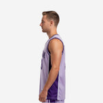 Side view of lavender and deep purple custom sublimated basketball jersey showing deep purple side panel and straight tuck-in hem length