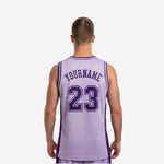 Right side view of lavender custom team basketball jersey showing armhole binding, white seam accent stripe, and deep purple side panel construction