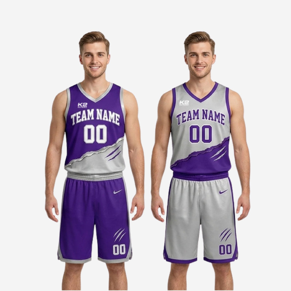 Full Print Custom Light and Dark Reversible Basketball Uniforms - Purple Silver