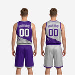 Size and specification sheet for custom light and dark reversible basketball uniforms in purple and silver