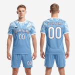 Full set view of men's light blue custom soccer kit including sublimated jersey and matching powder blue shorts